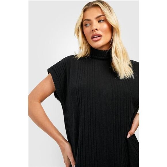 Women's Turtleneck Oversized Sleeveless Ribbed Tunic Sweater Dress - Picture 4 of 7